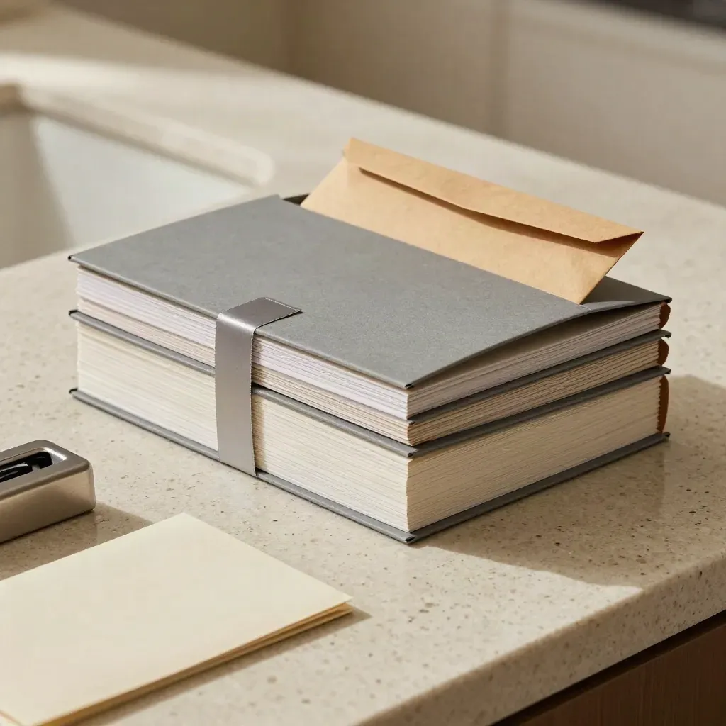 Kit de souscription glissant sur pierre travertin, avec pochettes, rubans plats et enveloppe kraft.