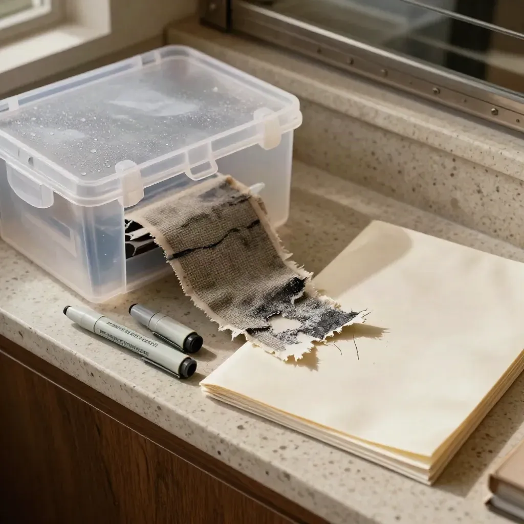 Boîte de preuves, échantillon abîmé et chemise de suivi sur une étagère travertin.