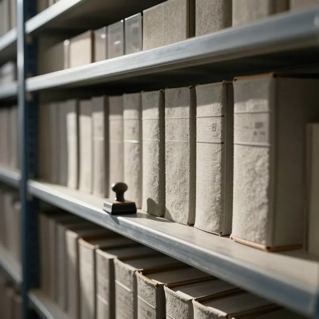 Rayonnage d’archives avec boîtes neutres, tampon et séparateurs alignés sous une lumière dramatique.
