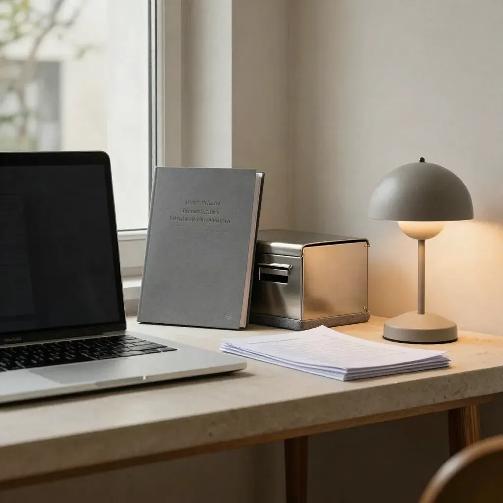 Coin de travail freelance fini : étui RC Pro fermé, laptop abaissé, lampe et boîte postale sur pierre.