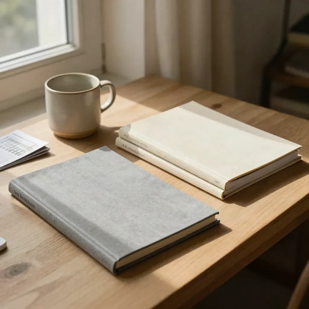 Deux dossiers de mutuelle finalisés, carnet fermé et mug près d’une fenêtre, lumière douce