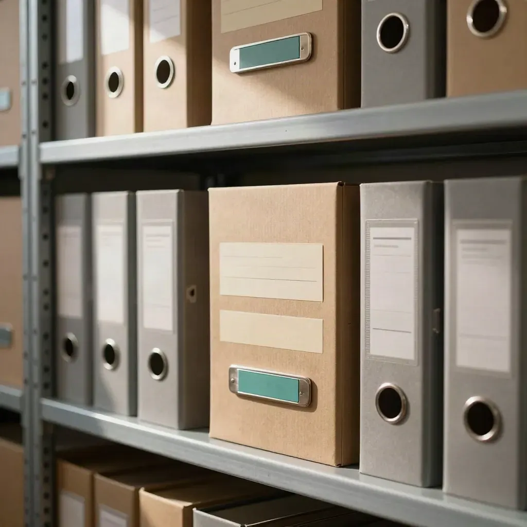 Boîtes d’archives de conformité alignées sur une étagère de bureau, ambiance calme et professionnelle.