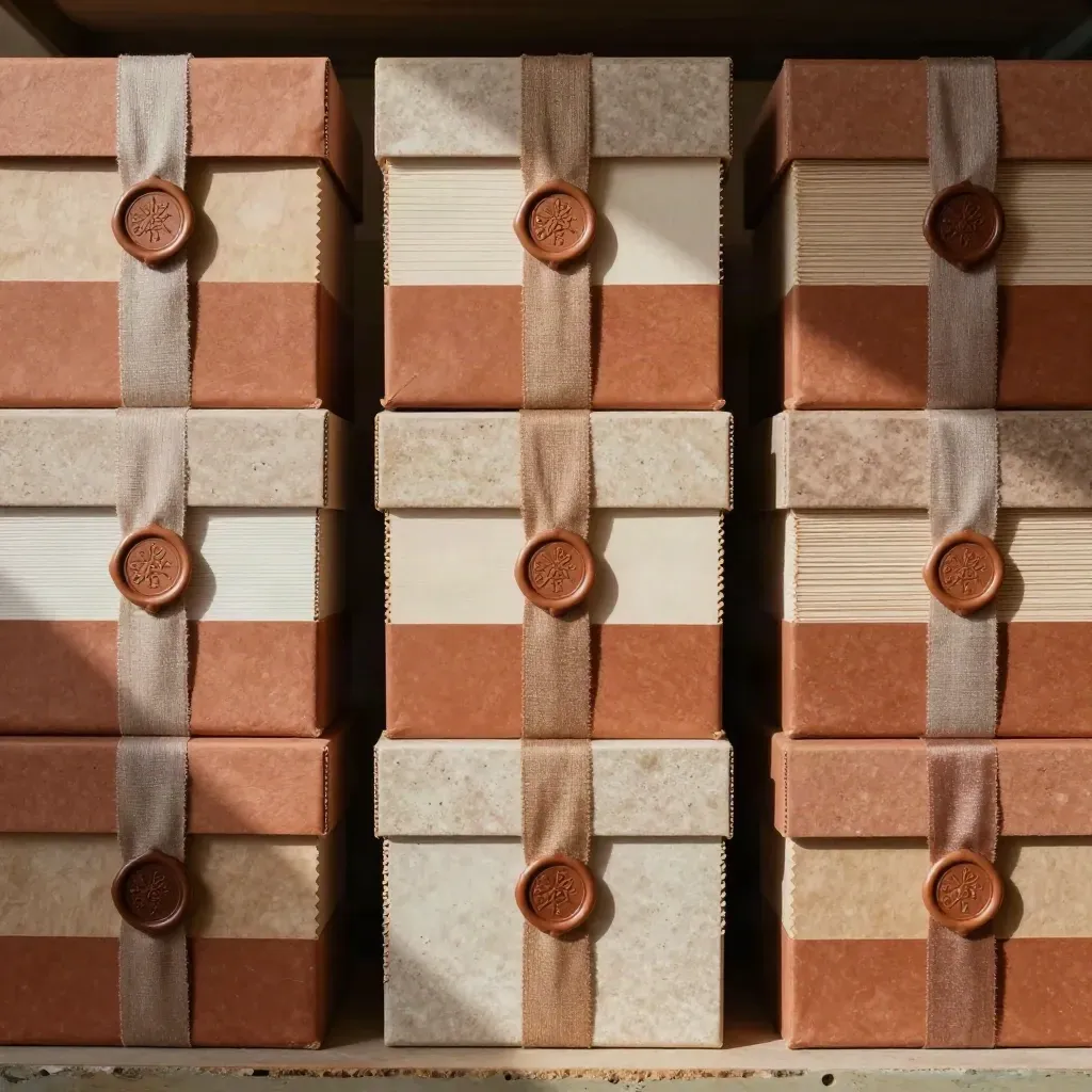 Boîtes d’archives alignées avec rubans de lin et sceau sur fond de plâtre