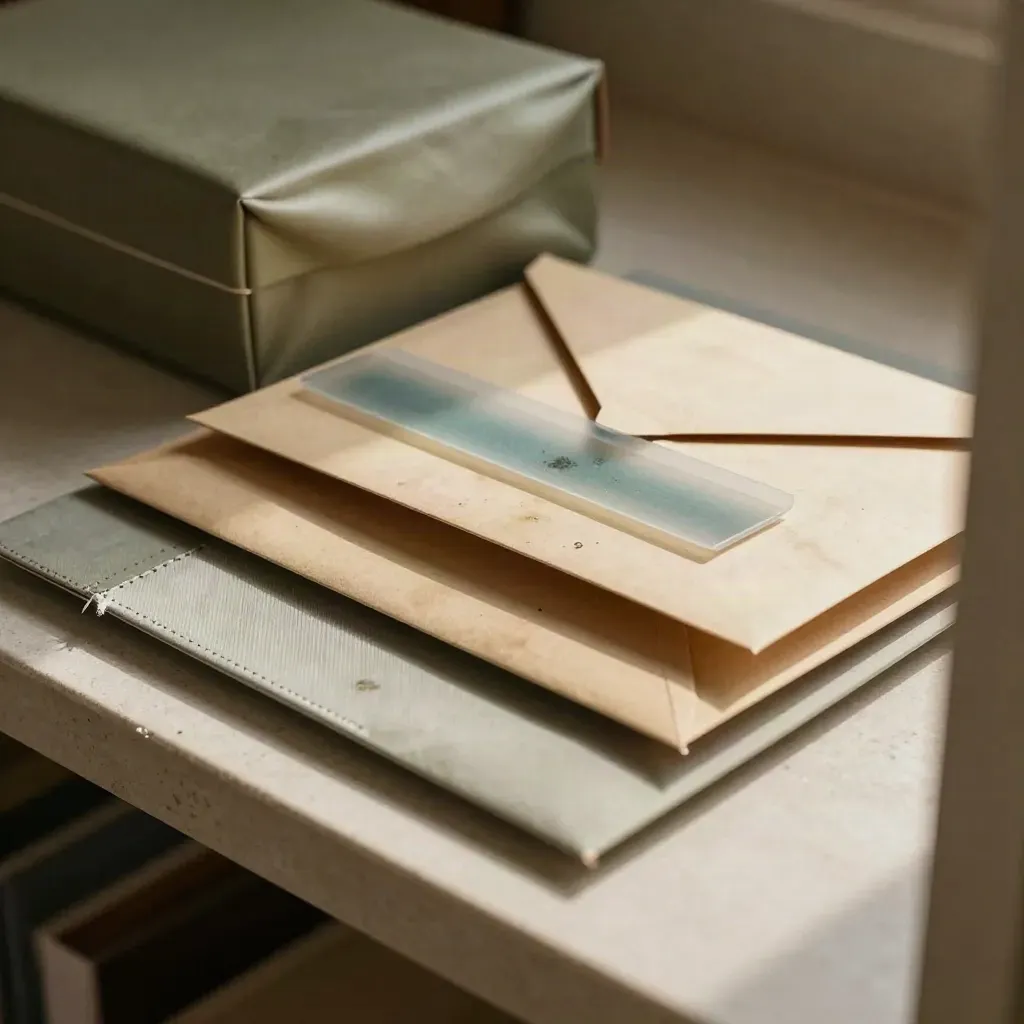 Boîte de sinistre, enveloppes kraft, bande de fermeture et tissu réparé en macro.