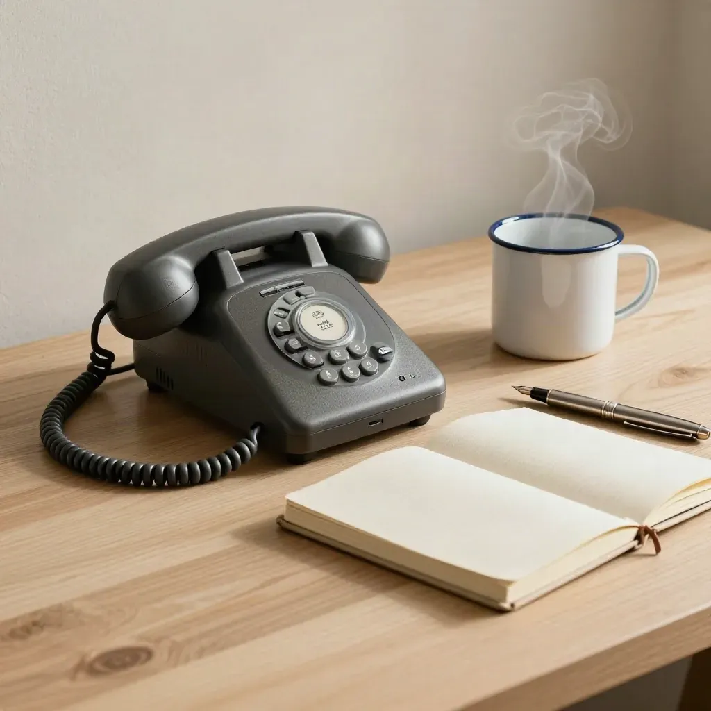 Téléphone fixe, carnet fermé, stylo plume et tasse émaillée sur bois clair, vapeur légère.