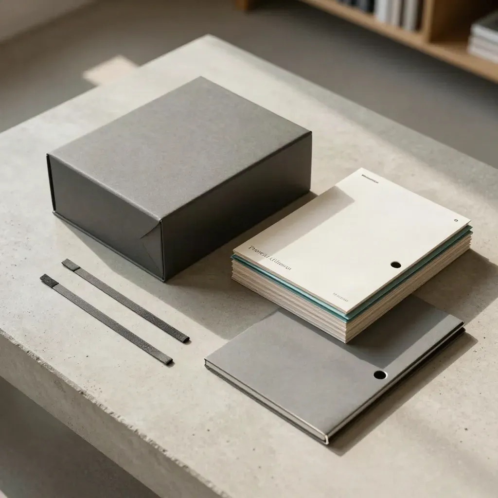Flatlay d’archives de suivi avec boîte de renouvellement, onglets et élastiques sur béton clair