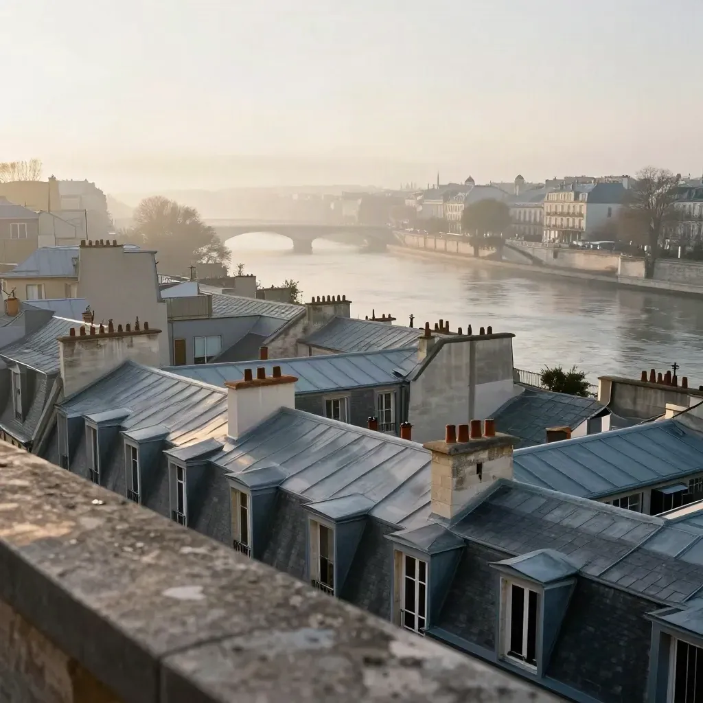 Toits de zinc parisiens et Seine à l’aube sous une brume dorée.