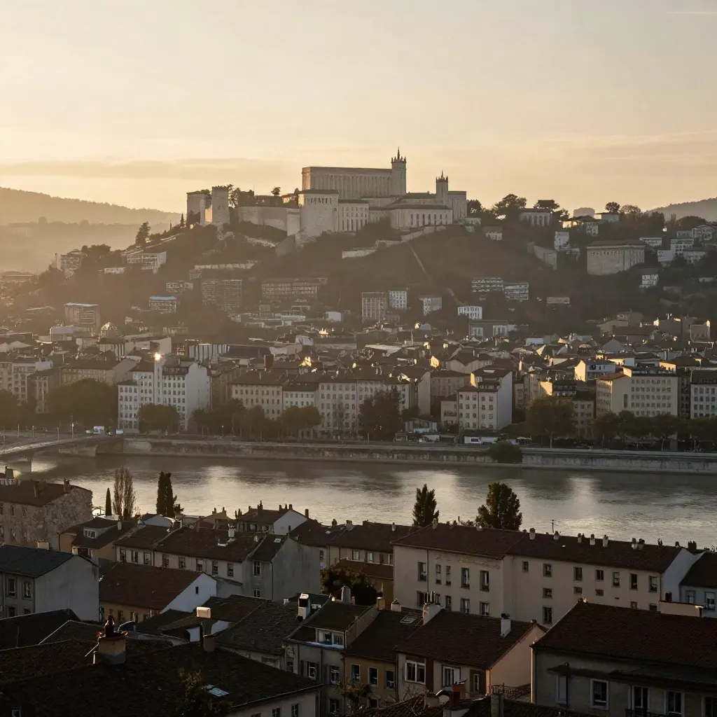 Vue dorée de Lyon au-dessus du confluent, collines lointaines et brume douce.