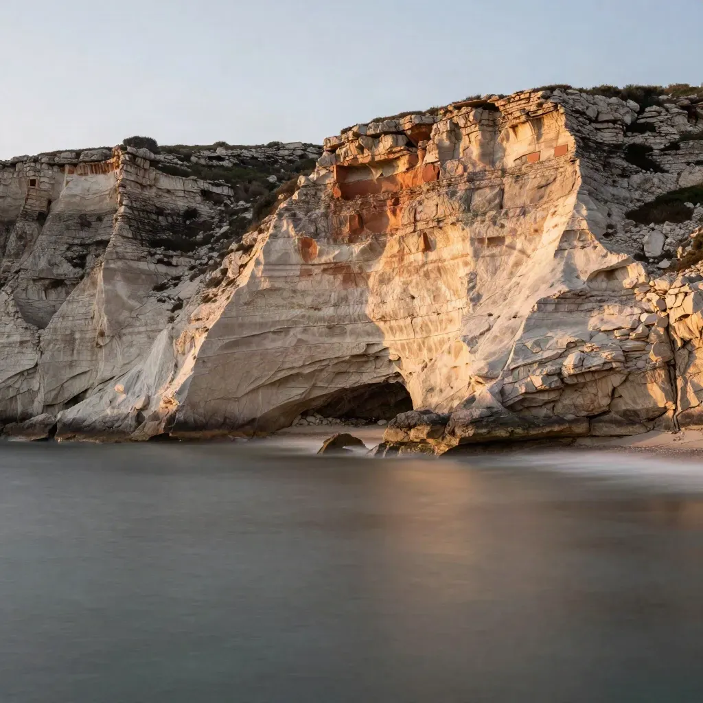Falaises calcaires de Provence au bord de la Méditerranée, lumière dorée et mer sombre