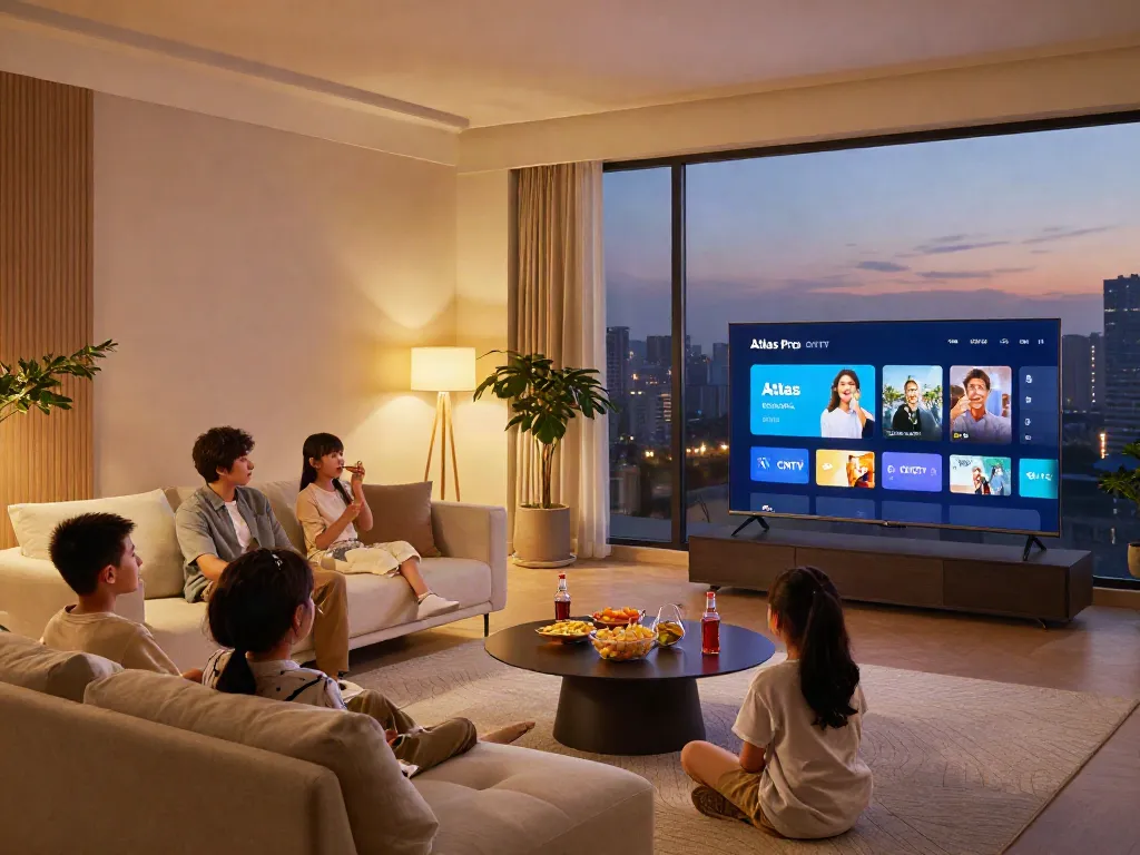 Écran affichant l'application Atlas Pro ONTV avec une famille profitant d'une soirée cinéma à la maison.